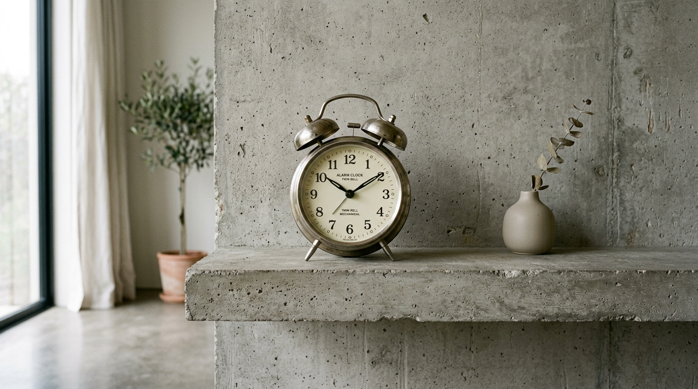 Analog alarm clock on concrete shelf