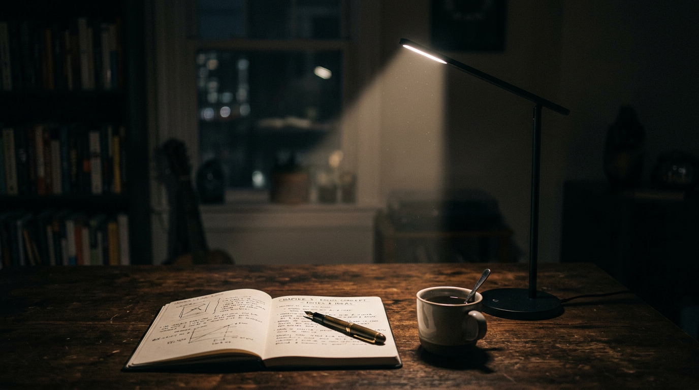 Single LED desk lamp in dark room