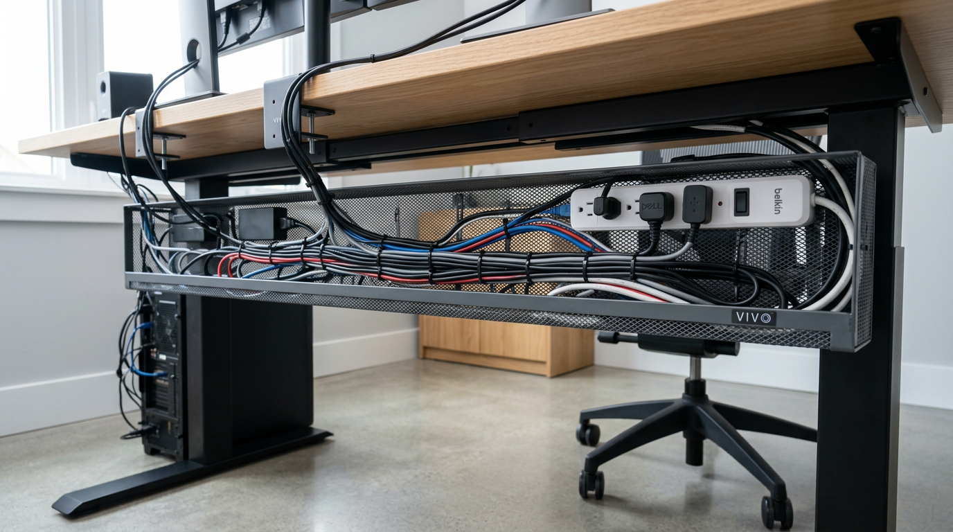Cable management tray under desk